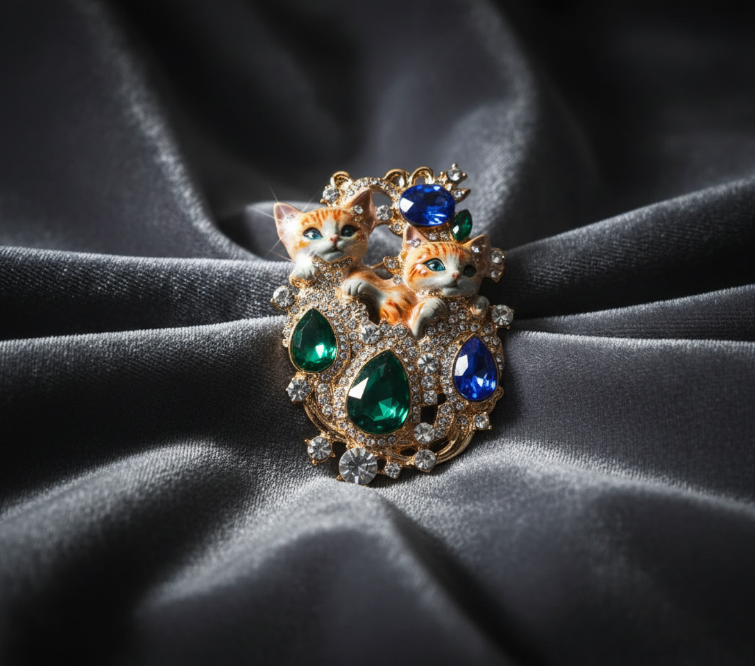 Twin Cats Gold-Plated Crystal Brooch - Elegant Emerald & Sapphire Accents image 3