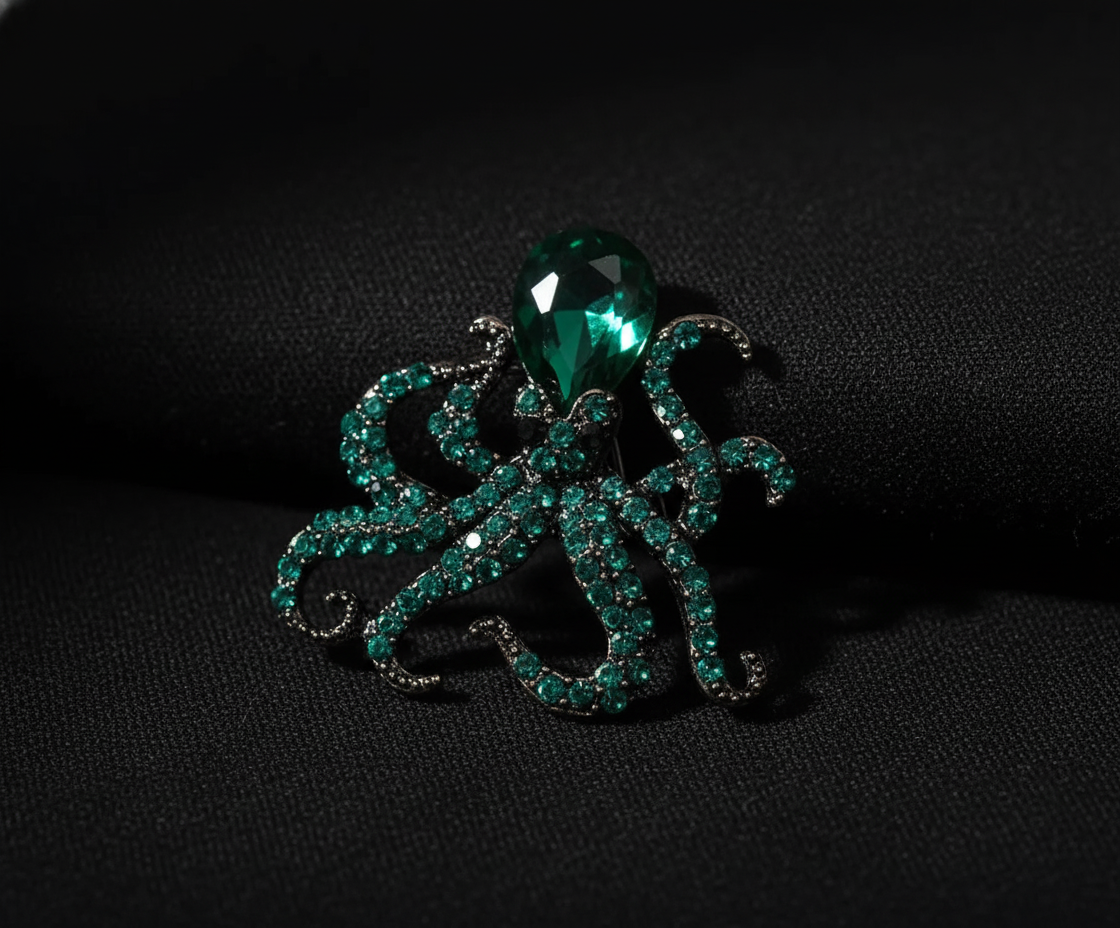 Emerald Octopus Crystal Brooch – Statement Jewellery Accessory image 4