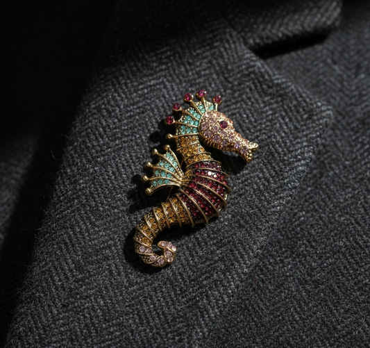 Vibrant Seahorse Crystal Brooch - Antique Gold Marine Inspired Statement Pin image 1