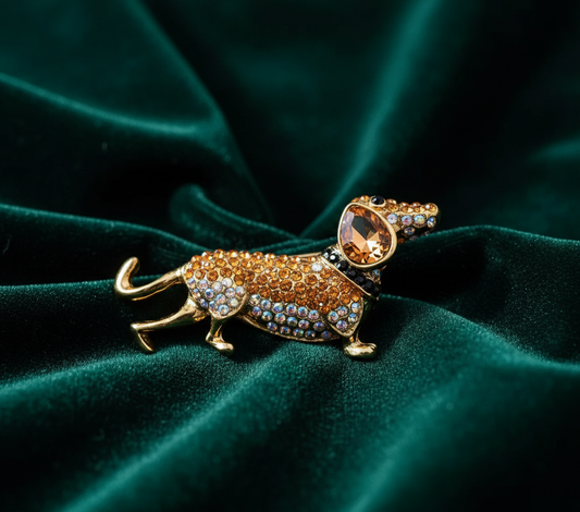 Dachshund Crystal Studded Gold Brooch - Sparkling Sausage Dog Statement Pin image 1