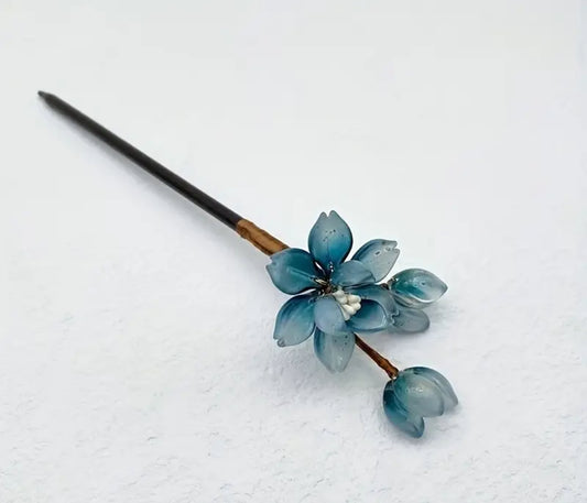 Blue flowers wooden hair pin image 1