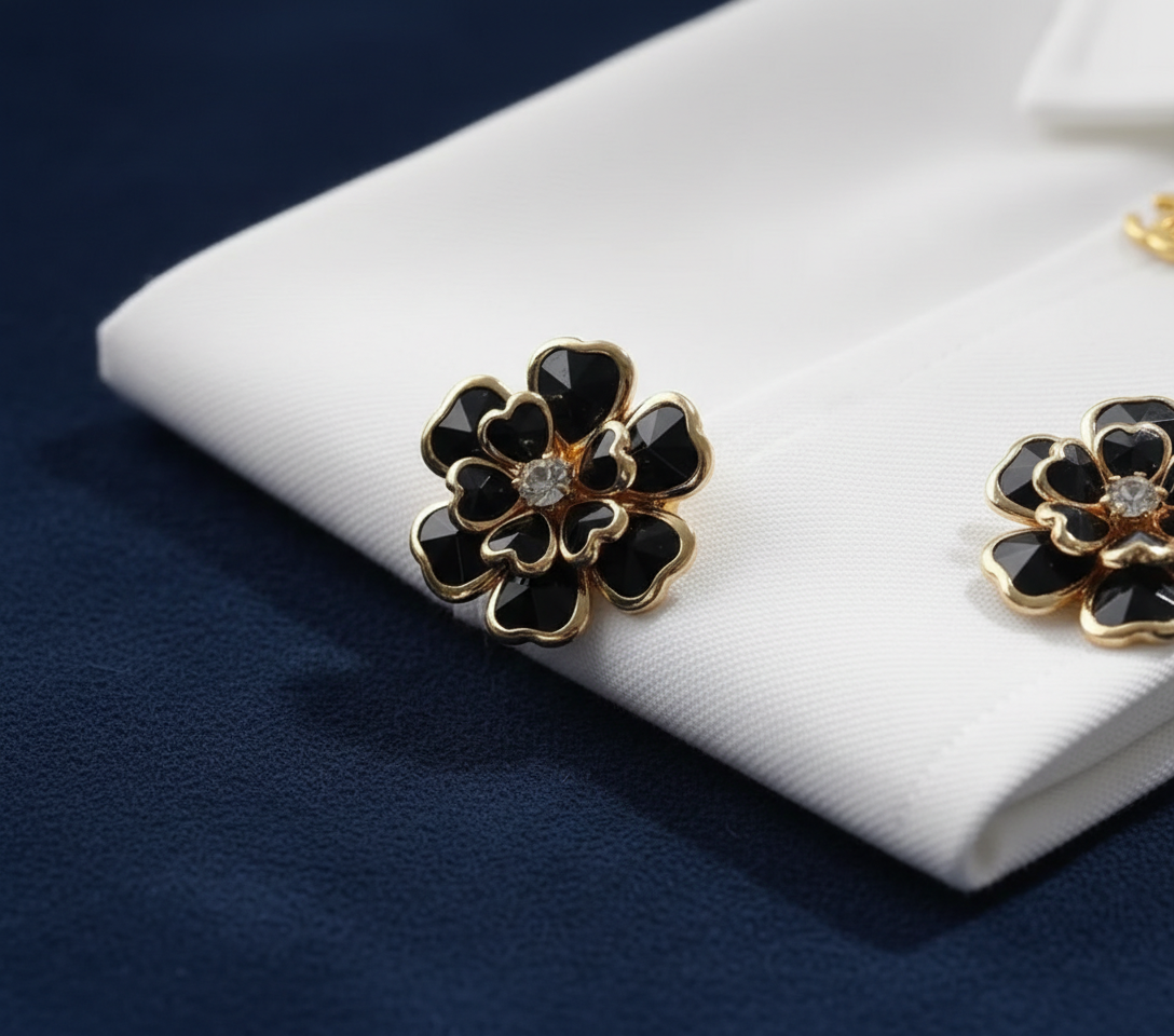 Midnight Blossom Button Cover Brooch – Black Enamel & Gold Finish image 4