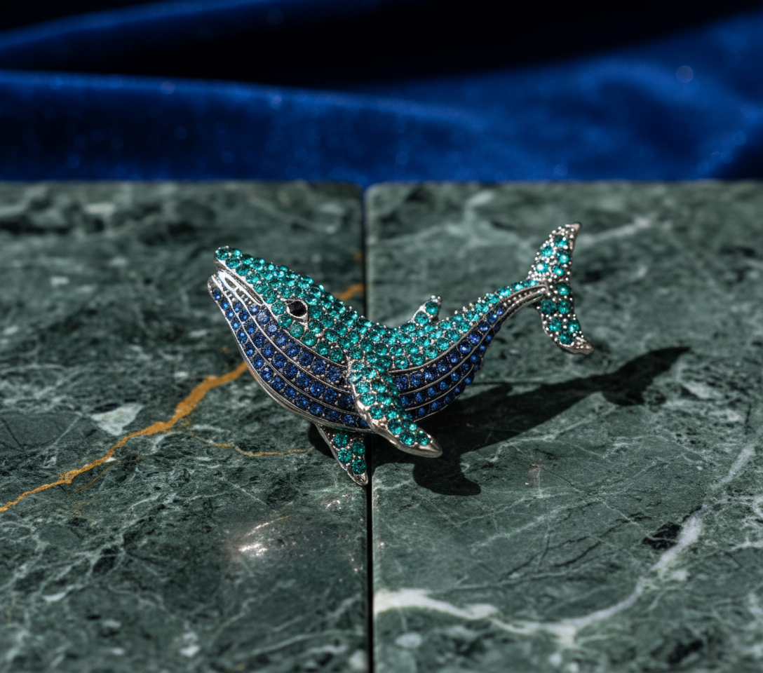Majestic Whale Crystal Brooch - Ocean Blue & Teal Ombre Statement Pin image 3