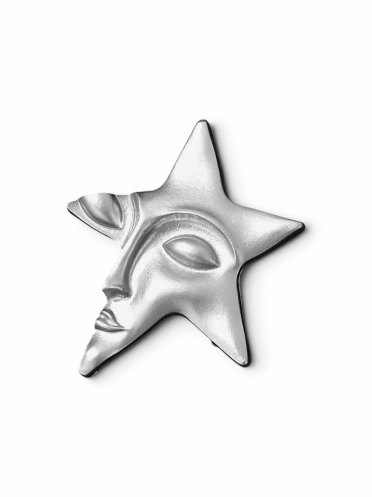 Luna Cotton silver-tone star lapel pin featuring a sculpted human face design with a polished metallic finish.