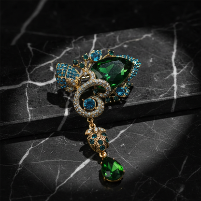 Majestic Emerald Green Crystal Droplet Brooch - Royal Gold-Tone Statement Pin image 2