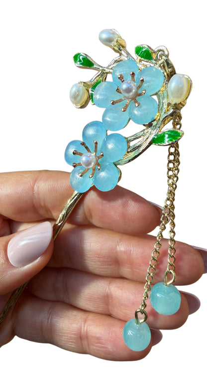Blue and Pink Flowers Metal Hairpin