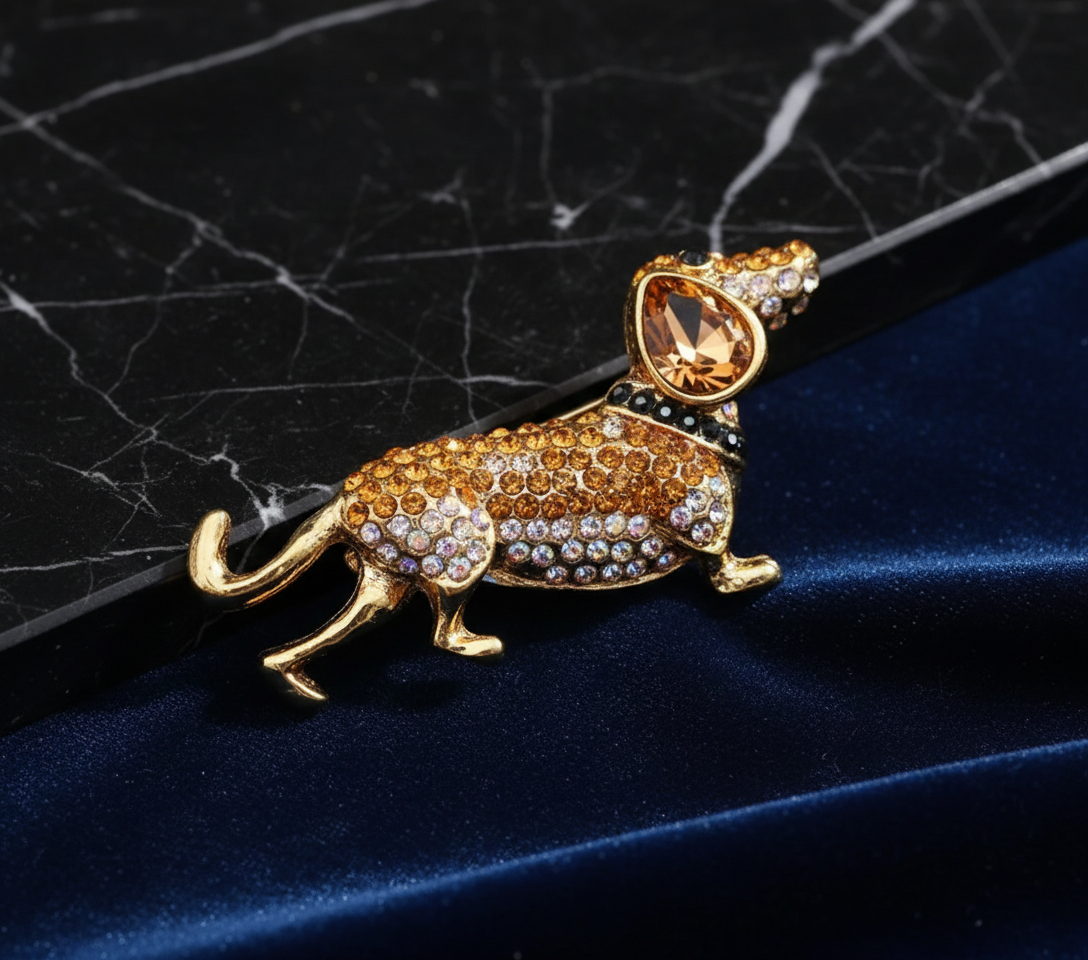 Dachshund Crystal Studded Gold Brooch - Sparkling Sausage Dog Statement Pin image 2