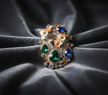 Twin Cats Gold-Plated Crystal Brooch - Elegant Emerald & Sapphire Accents image 3