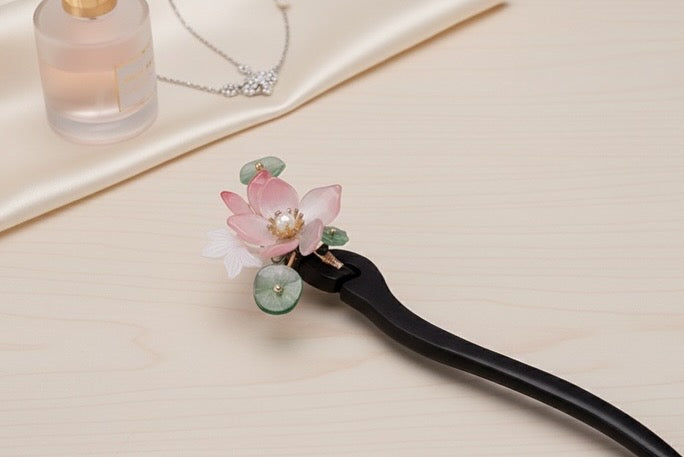 Handmade pink lotus flower wooden hair pin image 2