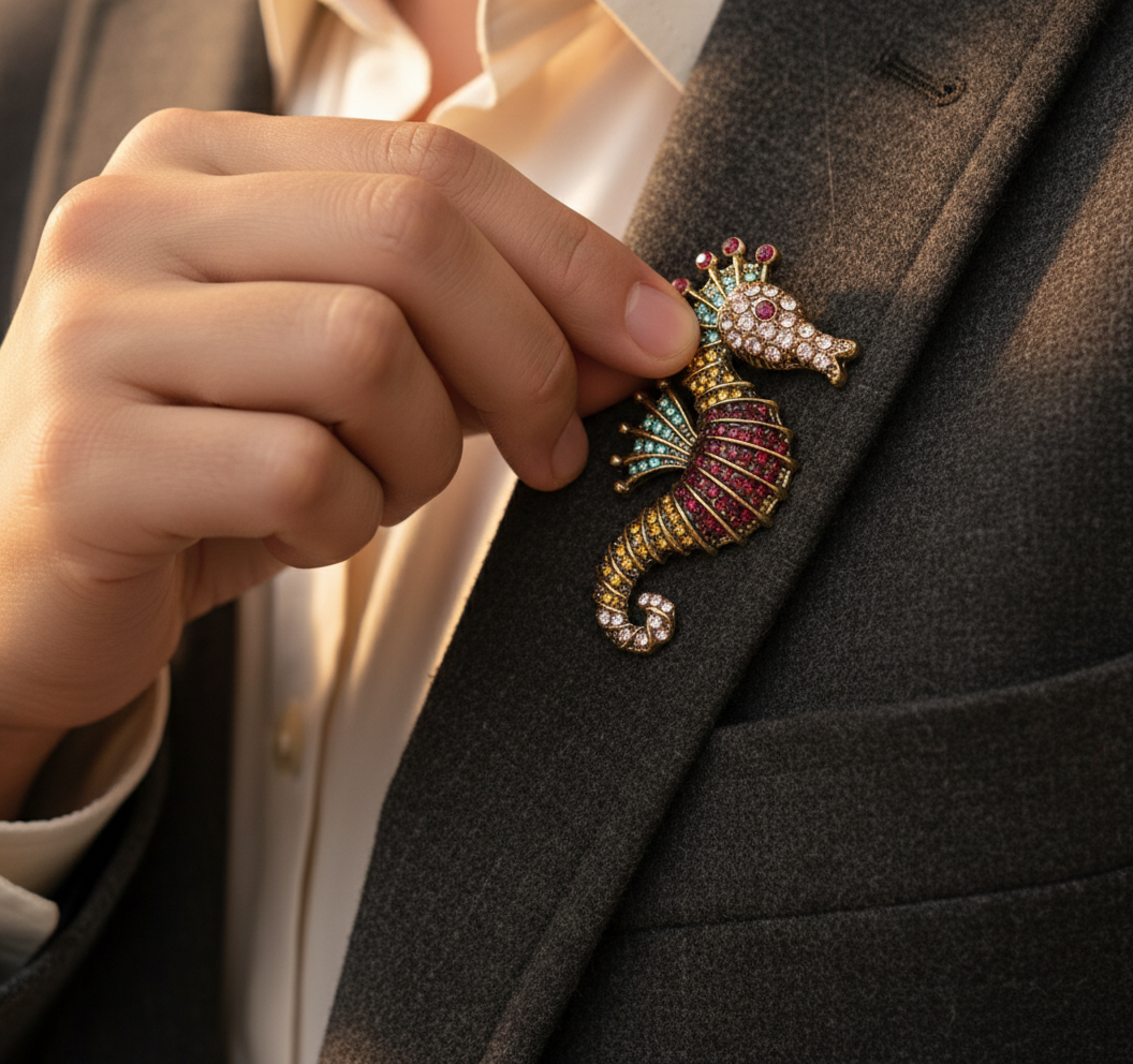 Vibrant Seahorse Crystal Brooch - Antique Gold Marine Inspired Statement Pin image 0