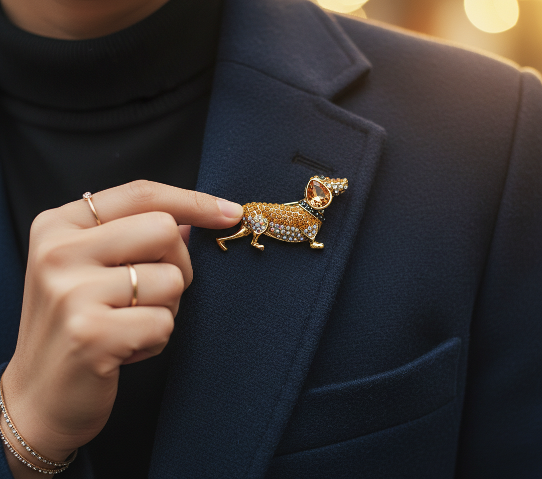 Dachshund Crystal Studded Gold Brooch - Sparkling Sausage Dog Statement Pin image 0
