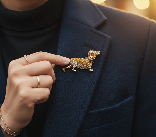 Dachshund Crystal Studded Gold Brooch - Sparkling Sausage Dog Statement Pin image 0