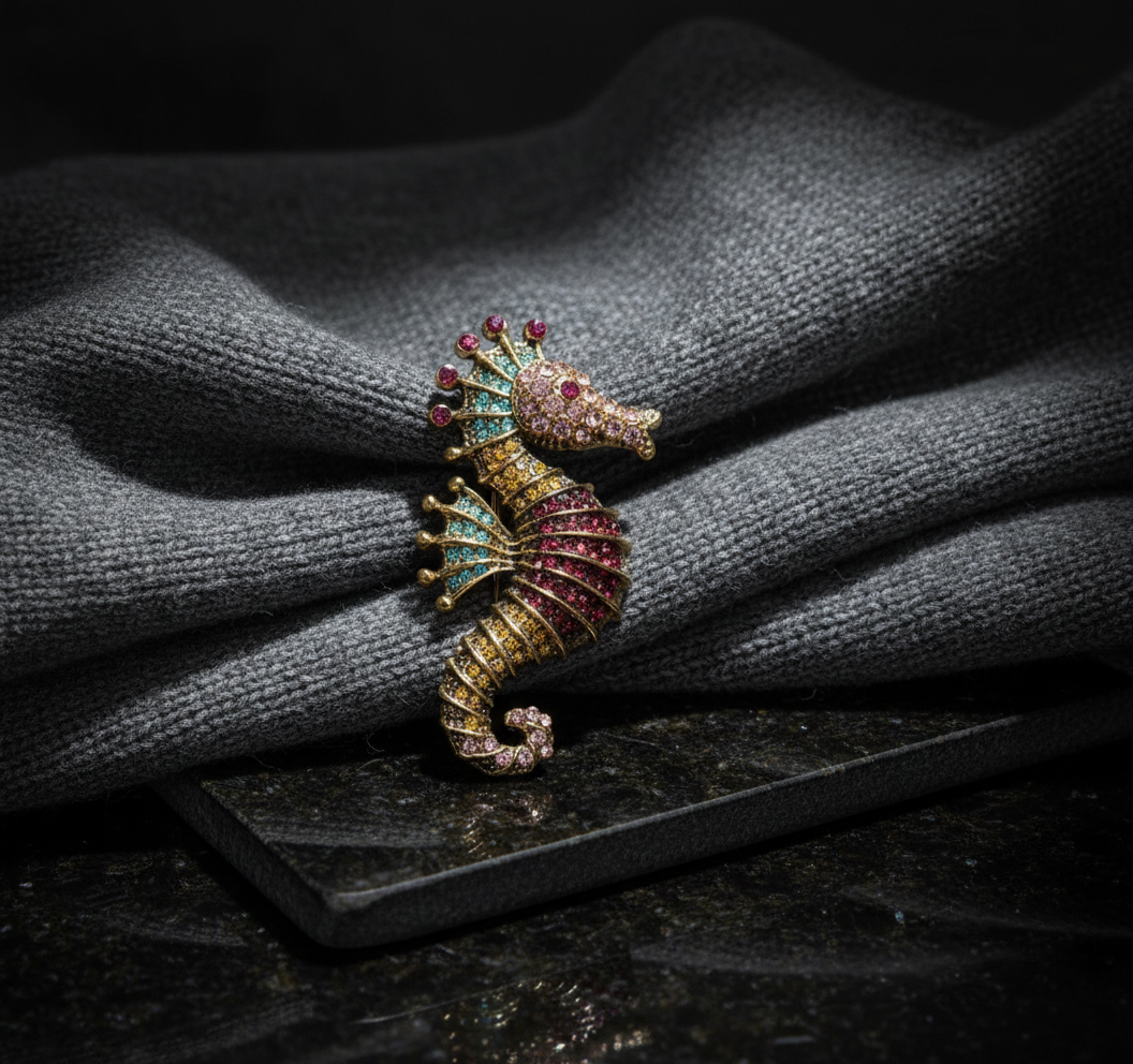 Vibrant Seahorse Crystal Brooch - Antique Gold Marine Inspired Statement Pin image 3