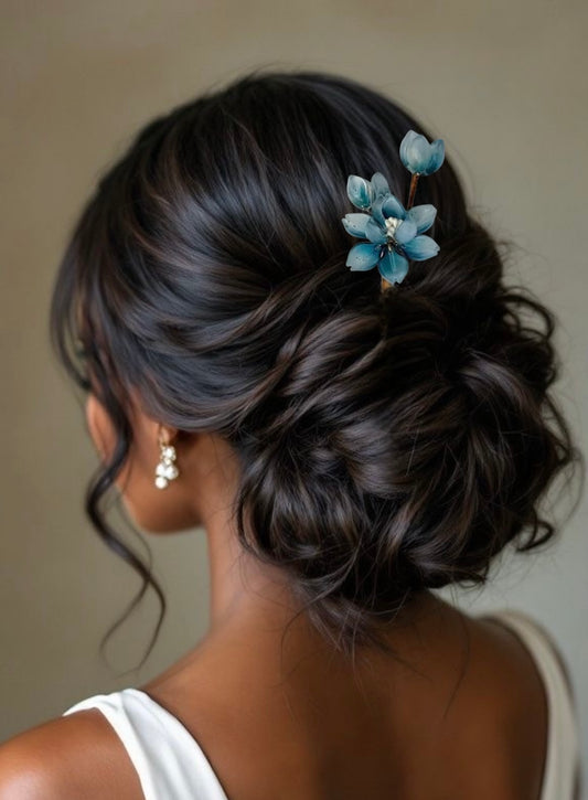 Blue flowers wooden hair pin image 0