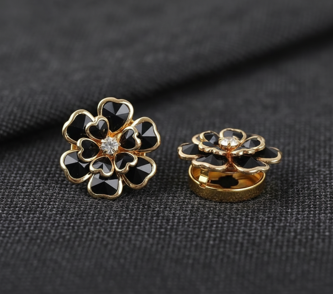 Midnight Blossom Button Cover Brooch – Black Enamel & Gold Finish image 2