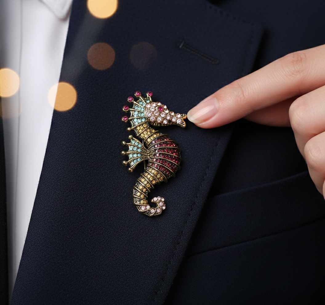 Vibrant Seahorse Crystal Brooch - Antique Gold Marine Inspired Statement Pin image 2