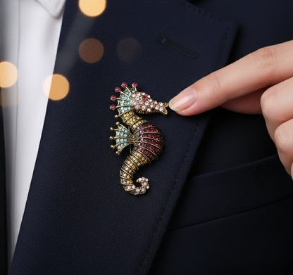Vibrant Seahorse Crystal Brooch - Antique Gold Marine Inspired Statement Pin image 2