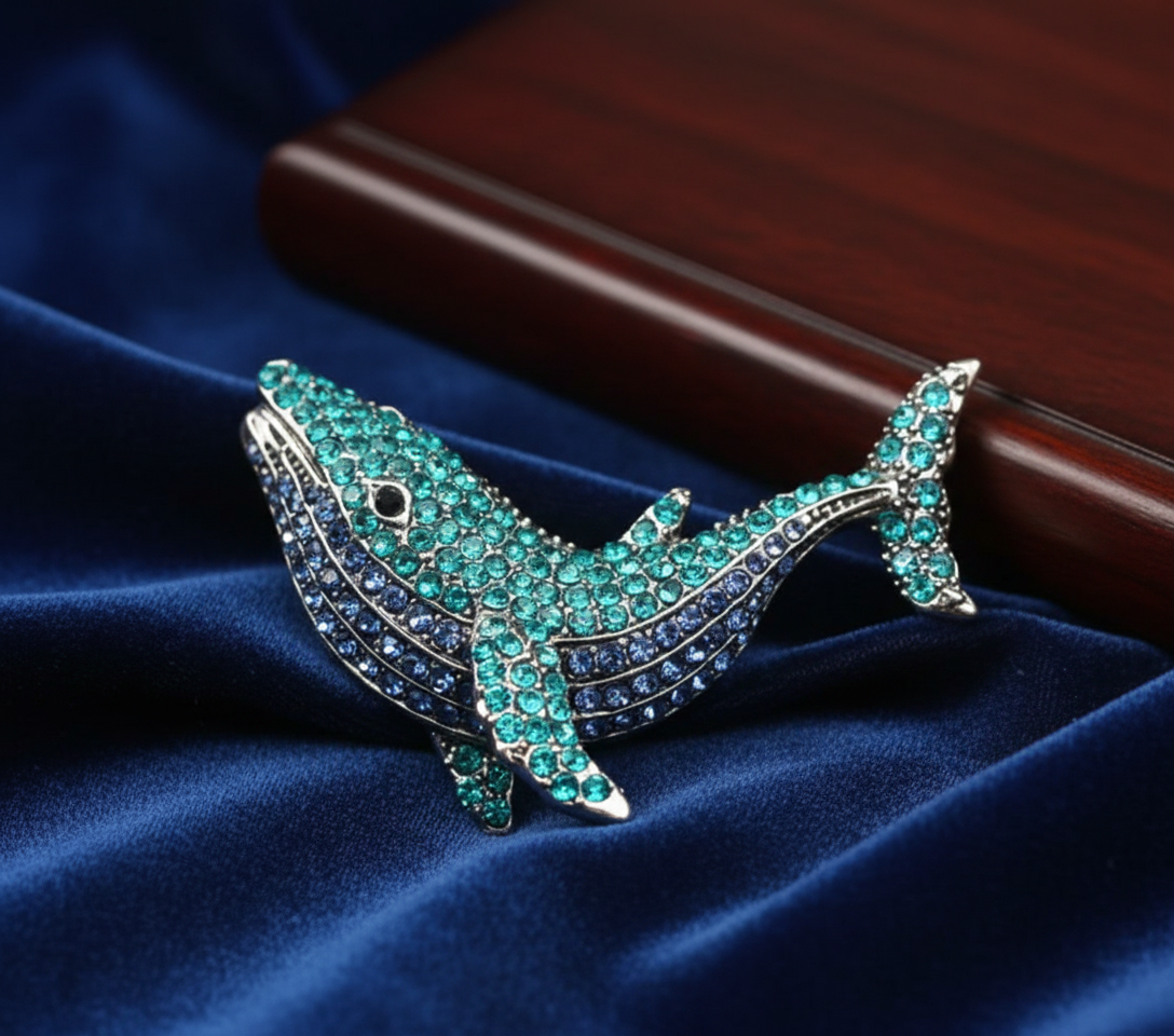 Majestic Whale Crystal Brooch - Ocean Blue & Teal Ombre Statement Pin image 1
