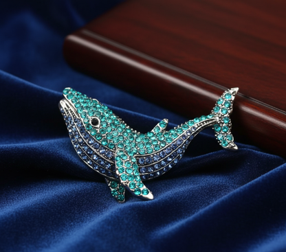Majestic Whale Crystal Brooch - Ocean Blue & Teal Ombre Statement Pin image 1