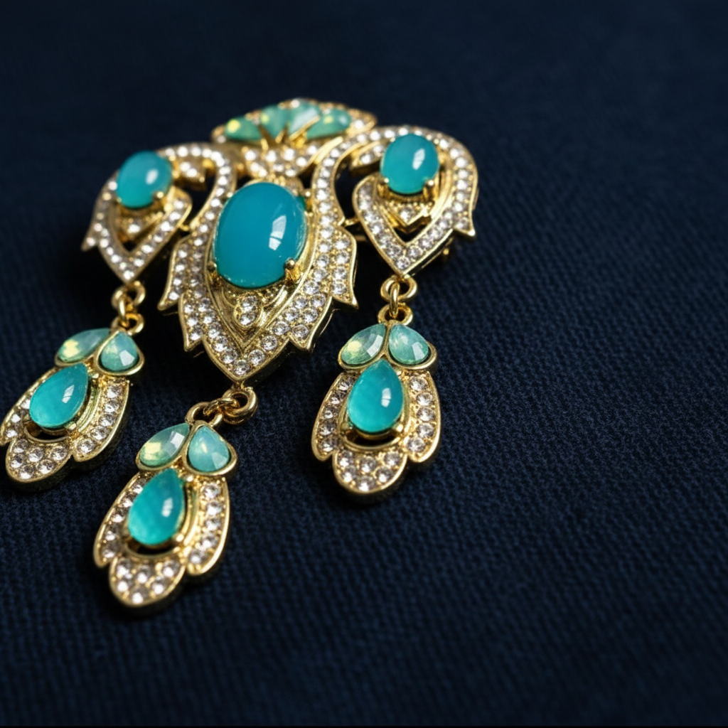 Vintage Turquoise Cabochon Droplet Brooch - Victorian Style Gold-Tone Statement  image 3
