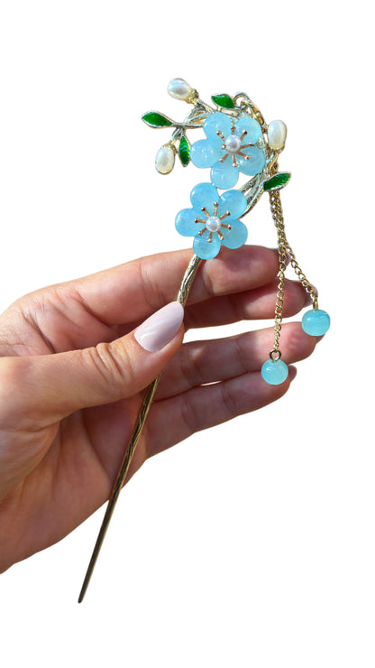 Blue and Pink Flowers Metal Hairpin