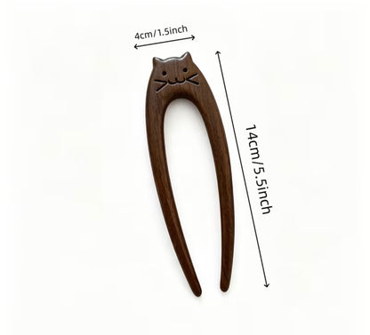 Handcrafted Wooden Cat U-Shape Hair Pin