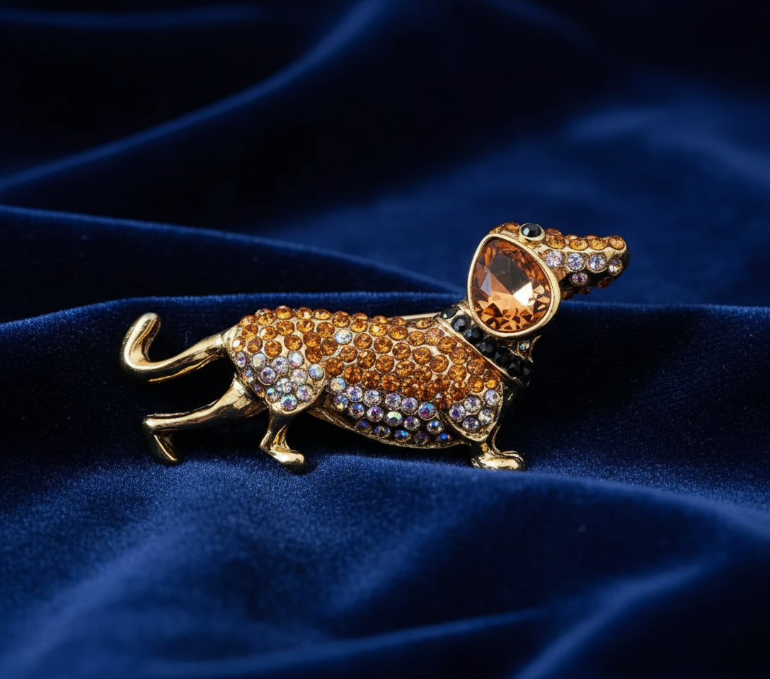 Dachshund Crystal Studded Gold Brooch - Sparkling Sausage Dog Statement Pin image 3