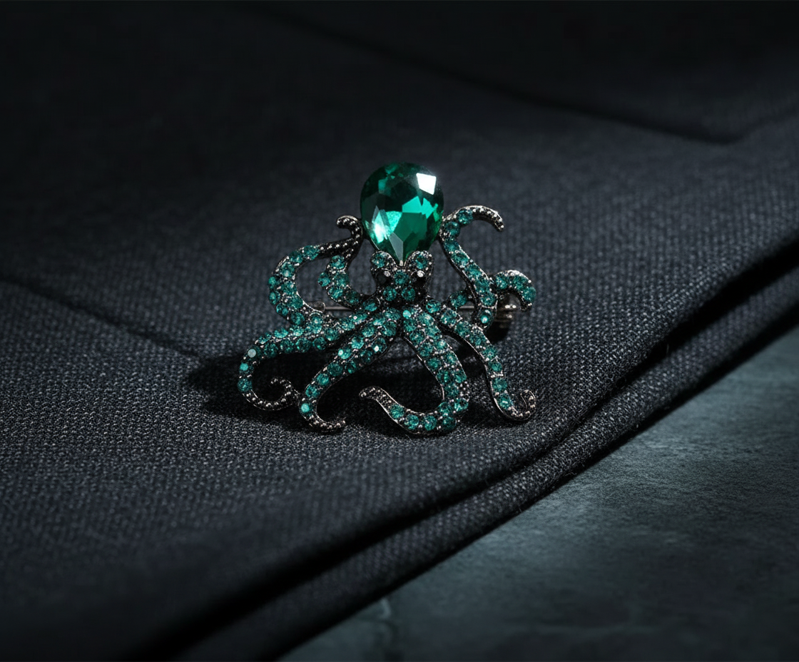 Emerald Octopus Crystal Brooch – Statement Jewellery Accessory image 2