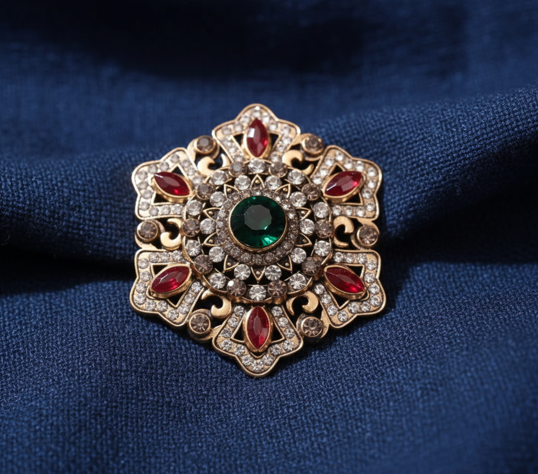 Imperial Mandala Crystal Brooch - Ruby Red & Emerald Green Bohemian Statement Pi image 3