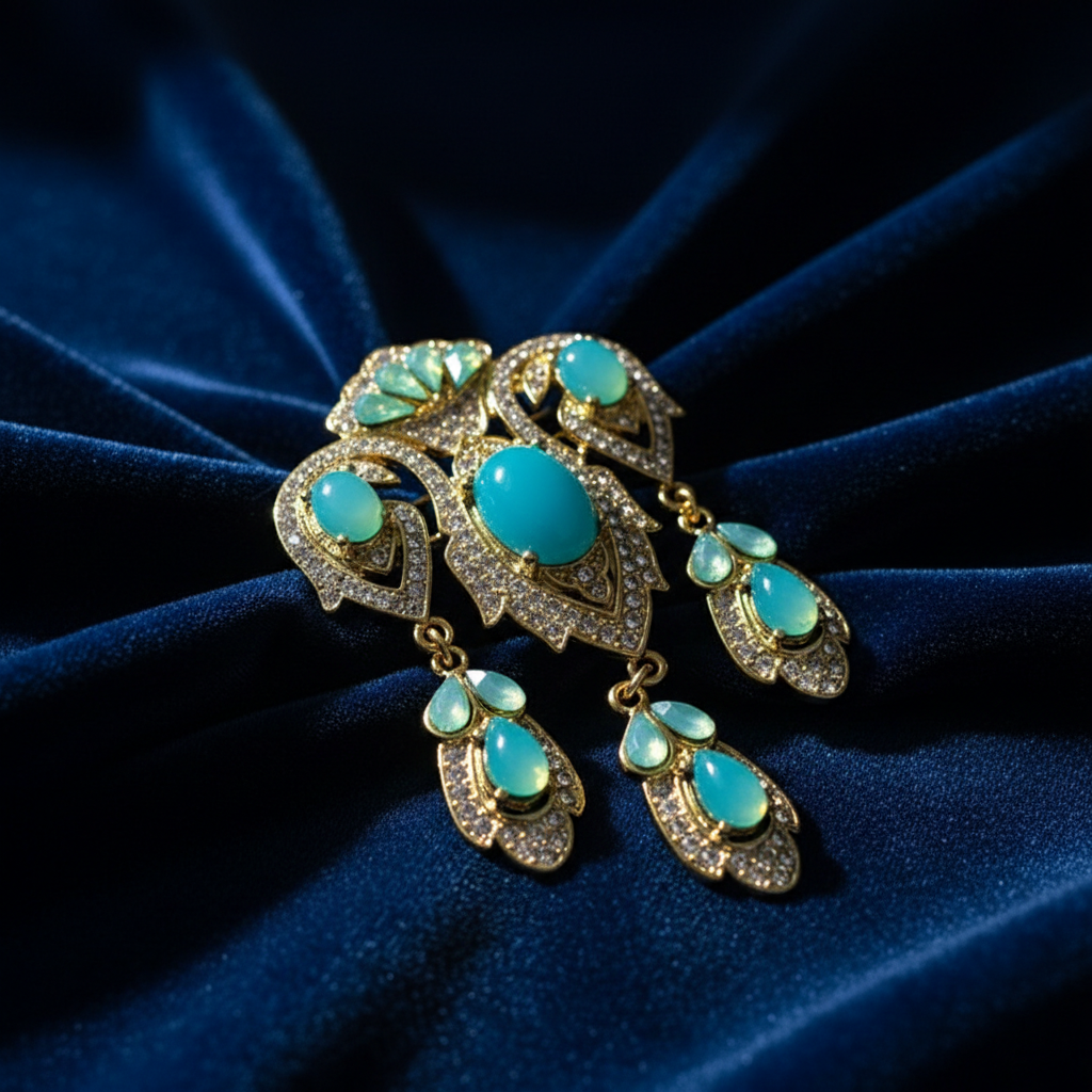 Vintage Turquoise Cabochon Droplet Brooch - Victorian Style Gold-Tone Statement  image 2