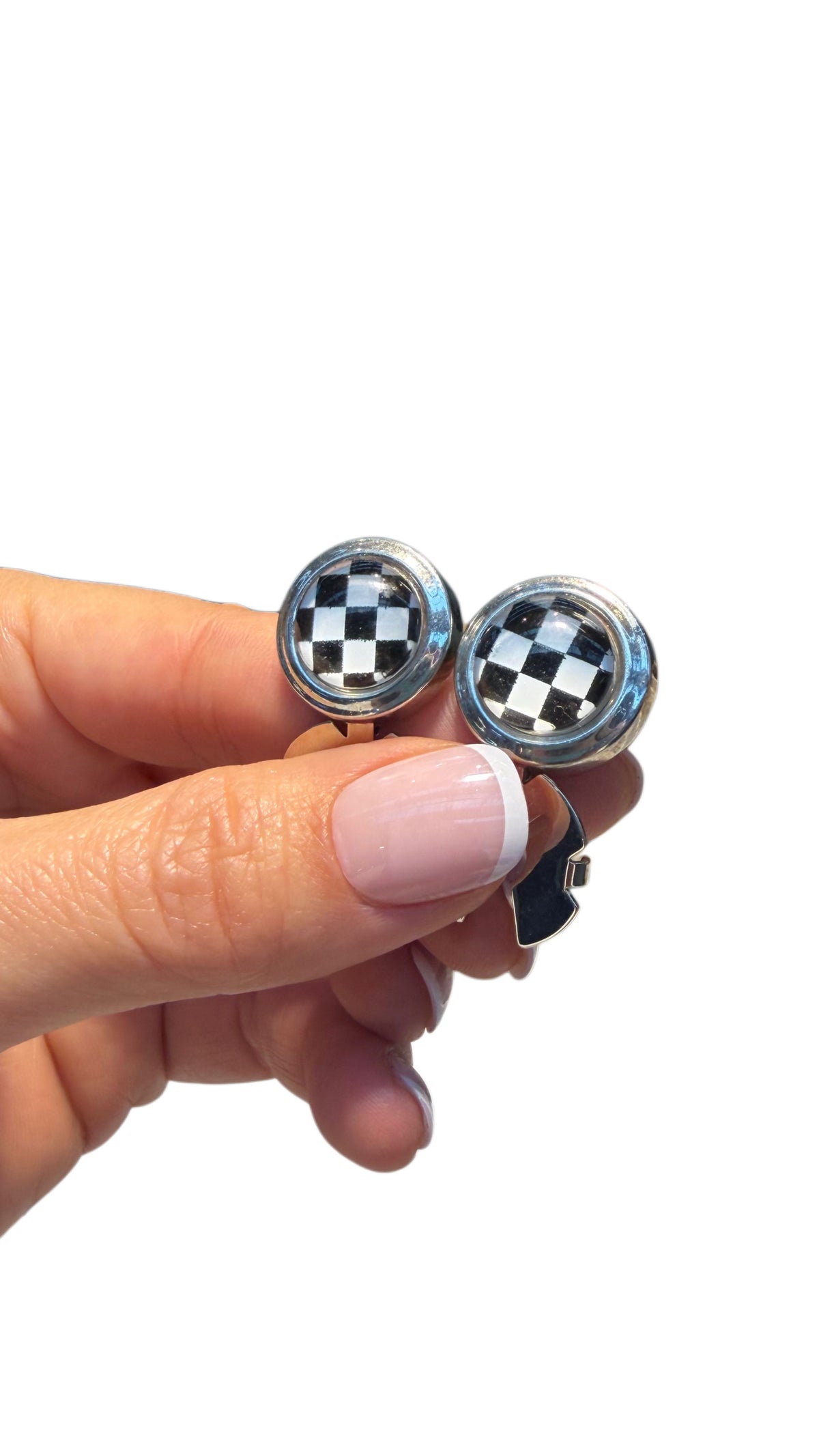 Black & White Checkerboard Button Cover – Silver-Tone Shirt Accessory