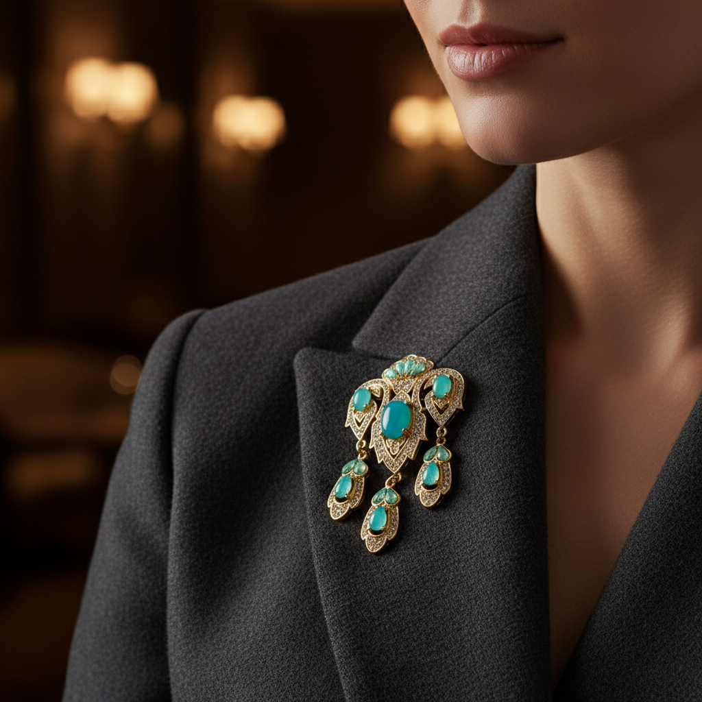 Vintage Turquoise Cabochon Droplet Brooch - Victorian Style Gold-Tone Statement  image 1