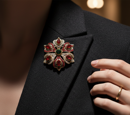 Victorian Style Floral Crystal Brooch - Ruby Red & Emerald Accent Antique Gold P image 3