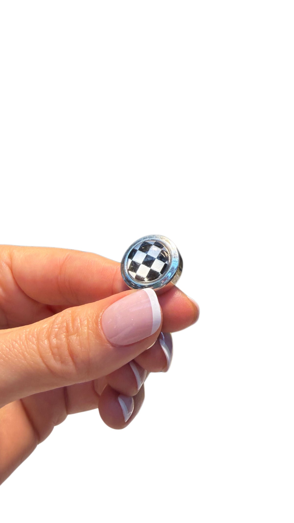 Black & White Checkerboard Button Cover – Silver-Tone Shirt Accessory