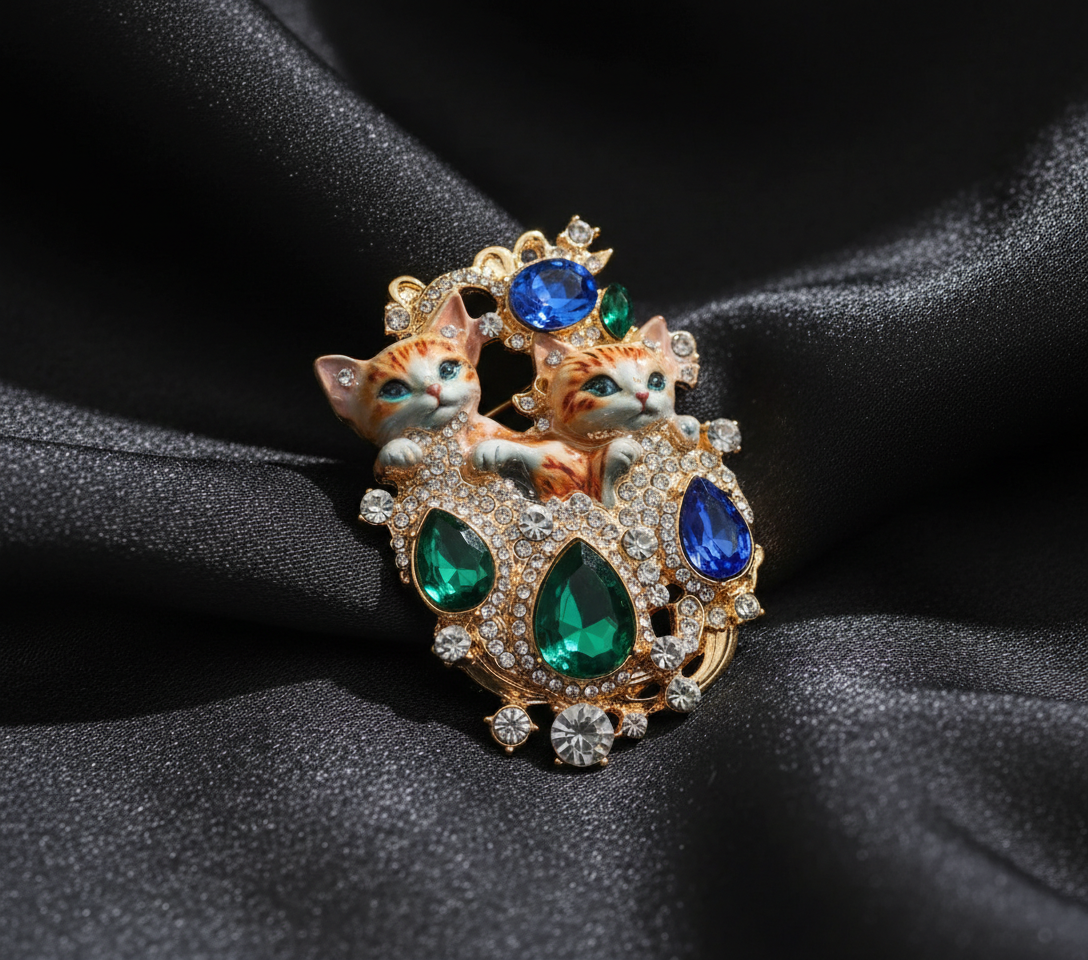 Twin Cats Gold-Plated Crystal Brooch - Elegant Emerald & Sapphire Accents image 2