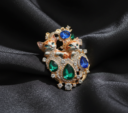 Twin Cats Gold-Plated Crystal Brooch - Elegant Emerald & Sapphire Accents image 2