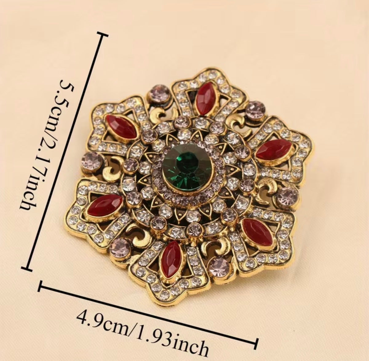 Imperial Mandala Crystal Brooch - Ruby Red & Emerald Green Bohemian Statement Pi