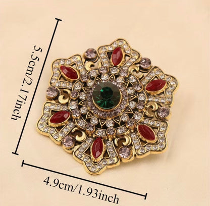 Imperial Mandala Crystal Brooch - Ruby Red & Emerald Green Bohemian Statement Pi