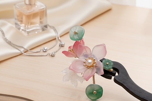 Handmade pink lotus flower wooden hair pin image 1