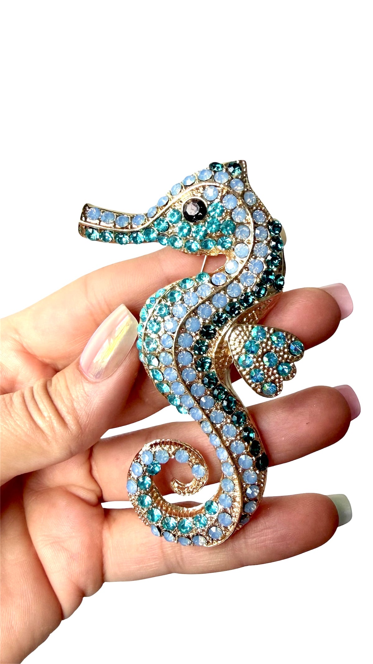Blue Crystal Seahorse Brooch – Gold-Tone Statement Jewellery