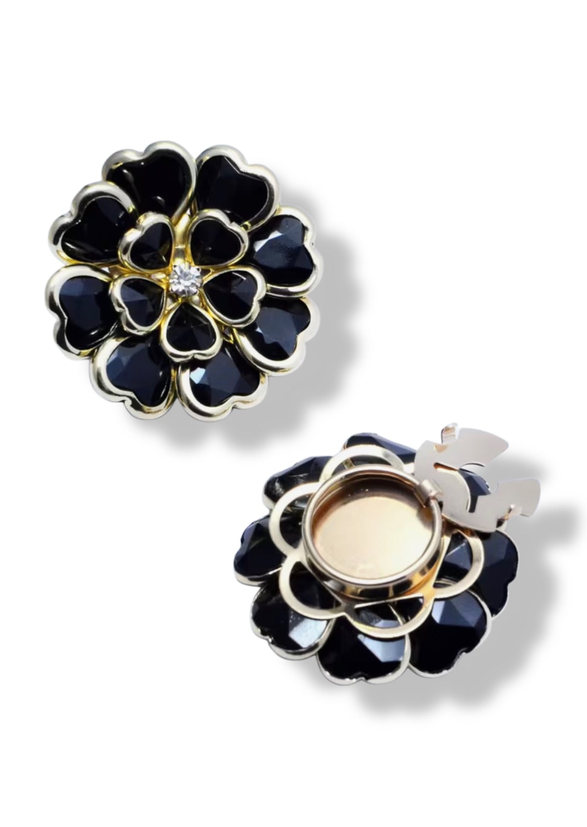Midnight Blossom Button Cover Brooch – Black Enamel & Gold Finish