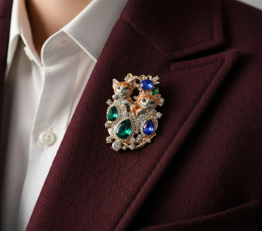 Twin Cats Gold-Plated Crystal Brooch - Elegant Emerald & Sapphire Accents image 0