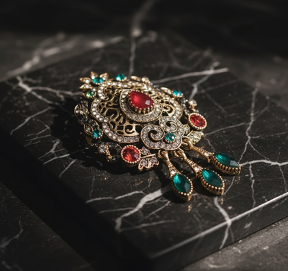 Red & Green Crystal Filigree Brooch – Statement Jewellery Accessory image 1