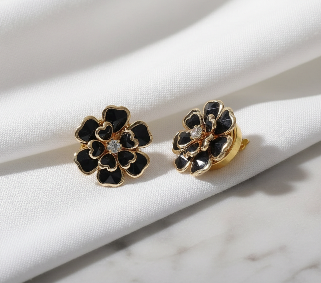 Midnight Blossom Button Cover Brooch – Black Enamel & Gold Finish image 3