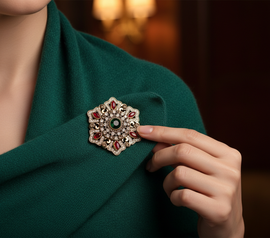 Imperial Mandala Crystal Brooch - Ruby Red & Emerald Green Bohemian Statement Pi image 0