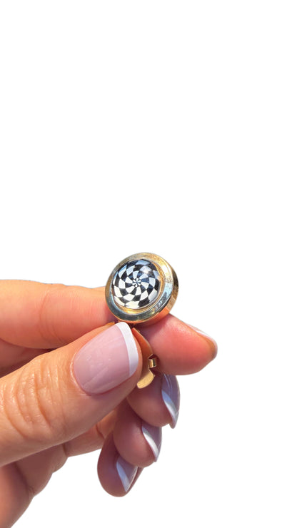 Black & White Spiral Button Cover – Gold-Tone Shirt Accessory