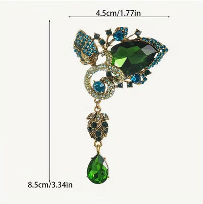 Majestic Emerald Green Crystal Droplet Brooch - Royal Gold-Tone Statement Pin