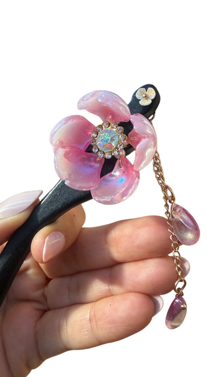 Pink Flower Wooden Hairpin
