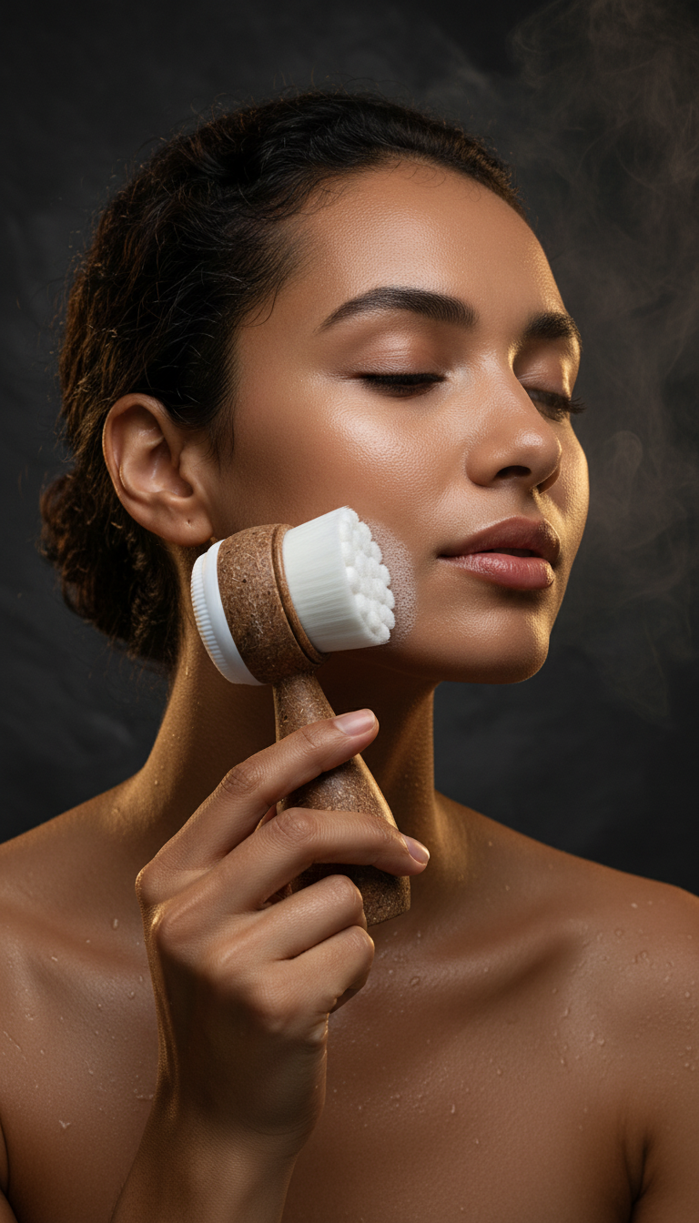 Woman using a facial brush on her face against a dark background