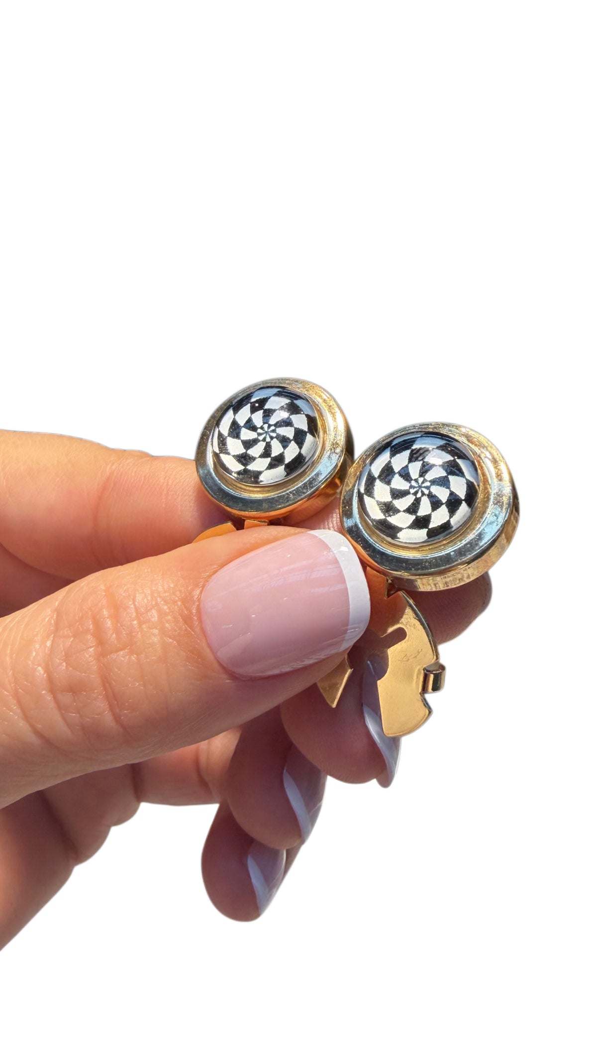 Black & White Spiral Button Cover – Gold-Tone Shirt Accessory